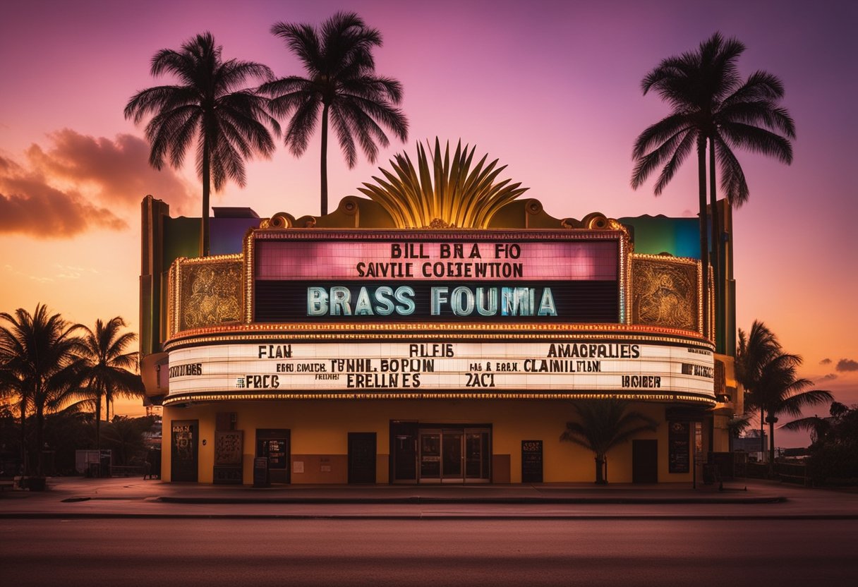 A colorful movie theater marquee with titles of iconic Brazilian films, surrounded by palm trees and a vibrant sunset sky