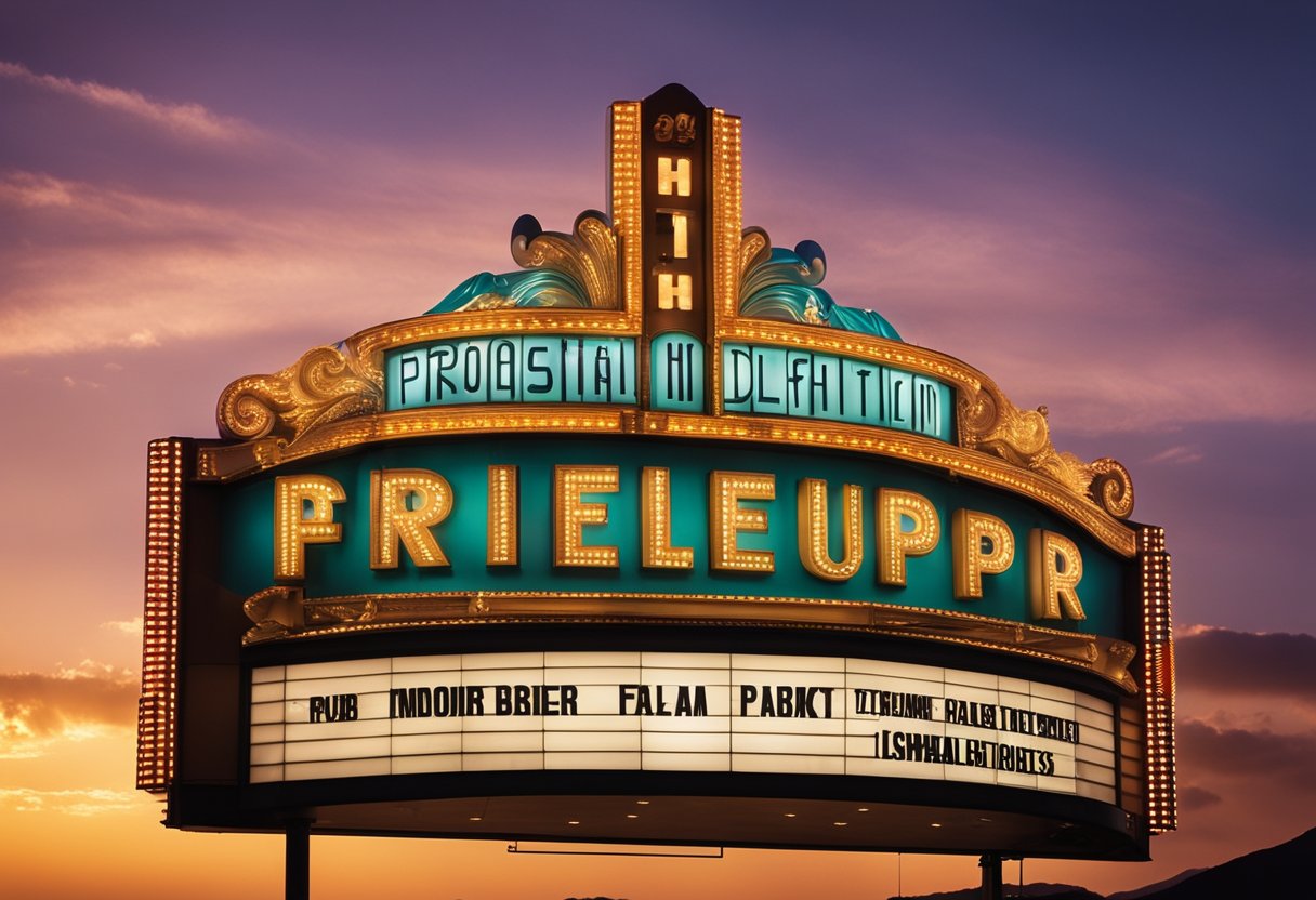 A vibrant movie theater marquee shines against a twilight sky, featuring iconic Brazilian film titles and cultural symbols