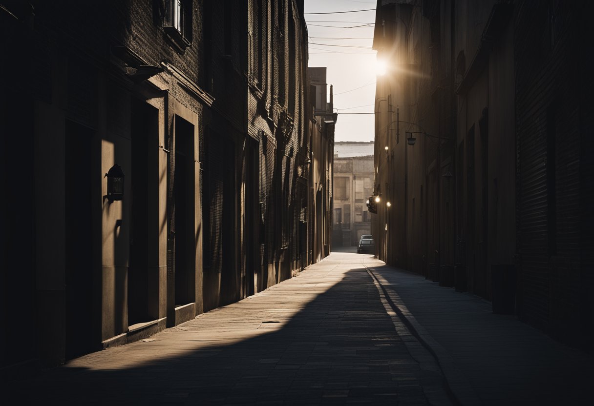 A dark alleyway with looming shadows and a single streetlight casting a moody glow. Silhouettes of buildings and a sense of mystery