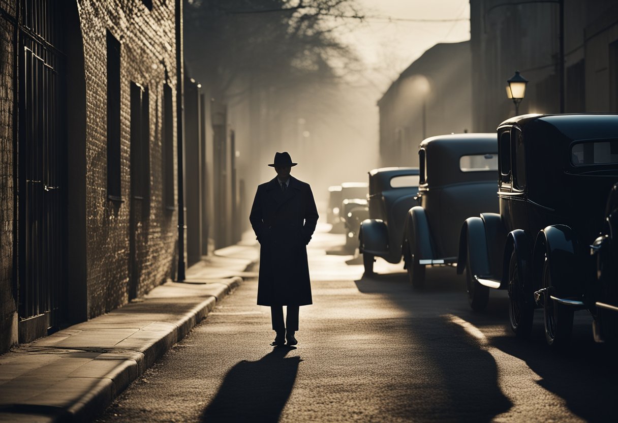 A dark alley with a single streetlight casting long shadows. A figure in a trench coat stands in the foreground, while a vintage car is parked in the background