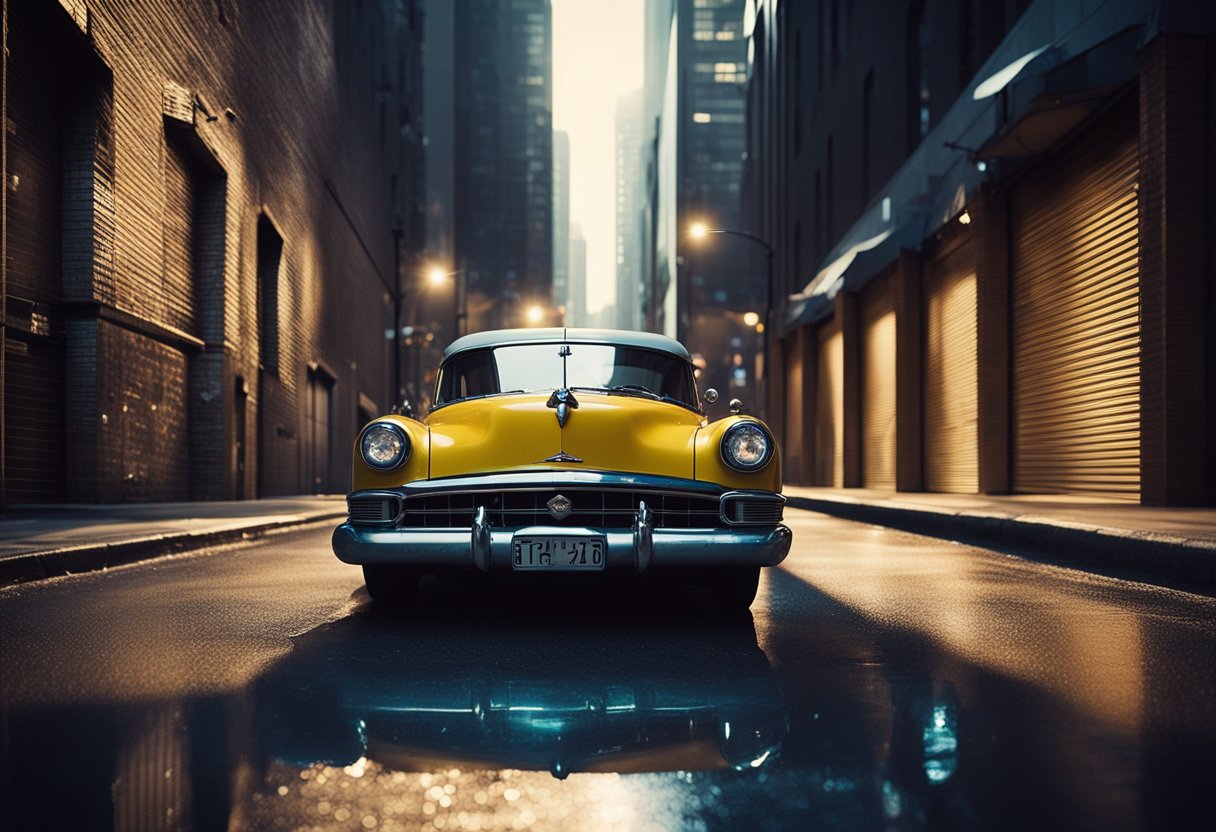 A dimly lit alley with looming skyscrapers, casting long shadows. A vintage car parked under a flickering streetlight. The glow of neon signs reflecting off wet pavement