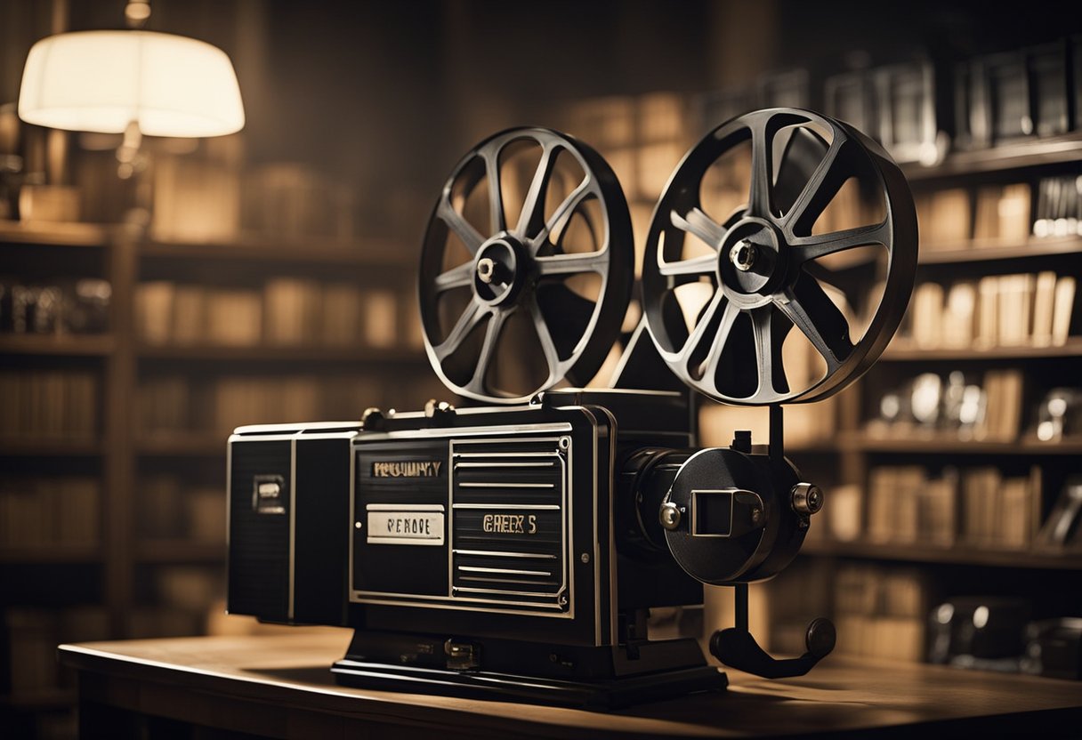 A dimly lit room with a vintage movie projector casting shadows on the wall, surrounded by stacks of film reels and a sign reading "Frequently Asked Questions Grandes filmes noir"