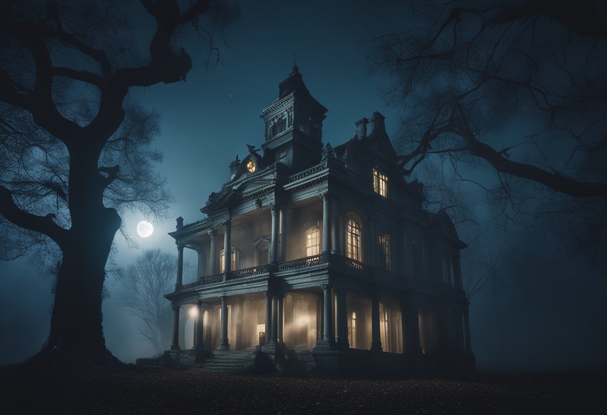 A haunted mansion at night, surrounded by fog and twisted trees. A full moon casts an eerie glow on the old, decrepit building, creating a sense of dread and anticipation