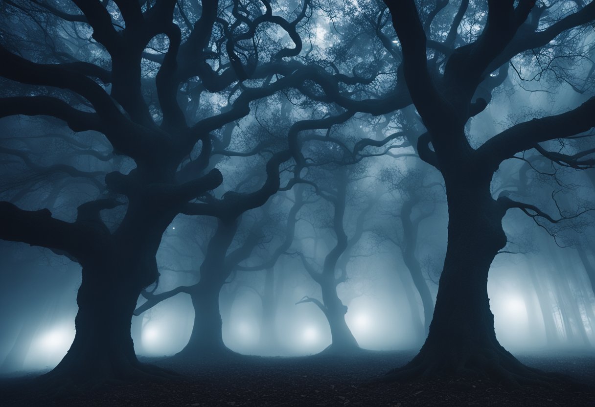 A dark, eerie forest at night, with gnarled trees and mist swirling around, creating a sense of foreboding and unease