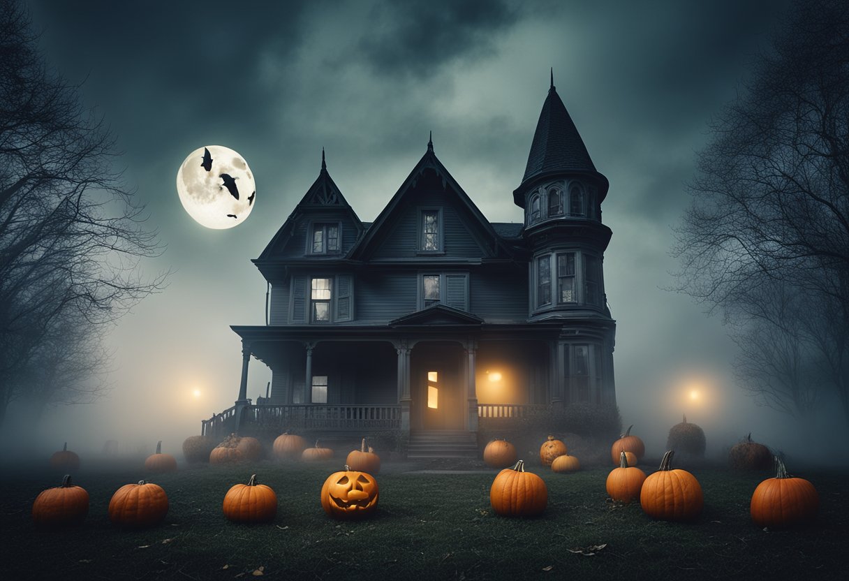 A spooky house with pumpkins, bats, and a full moon. Eerie fog surrounds the scene, setting the perfect atmosphere for a Halloween-themed horror movie