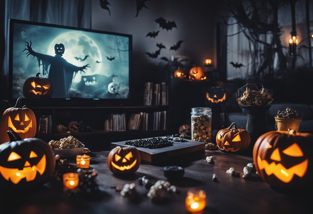 A spooky movie night with a stack of horror films and Halloween decorations