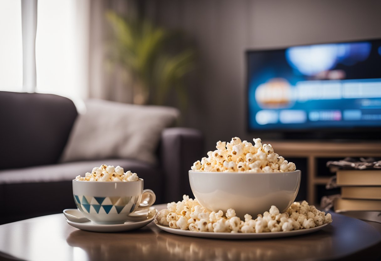 A cozy living room with a big screen TV, a bowl of popcorn, and a stack of romantic comedy DVDs ready for a weekend marathon