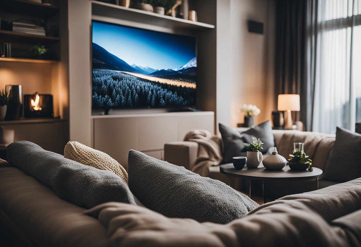 A cozy living room with a big screen TV playing romantic comedies, surrounded by comfy blankets and pillows for a weekend marathon