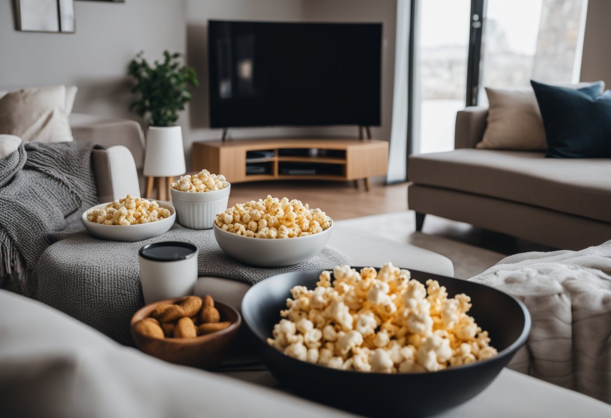 A cozy living room with a big screen TV, surrounded by fluffy pillows and blankets. A bowl of popcorn and some snacks on the coffee table