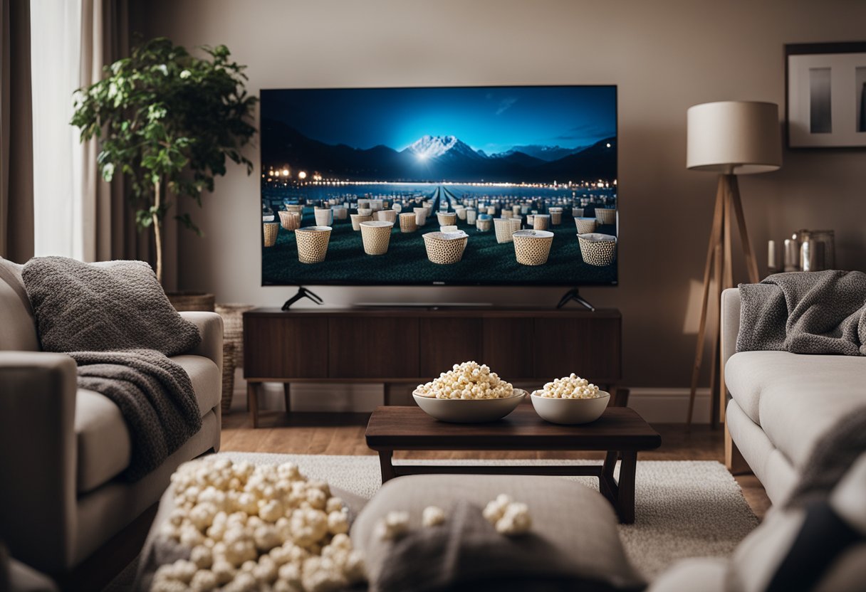 A cozy living room with a big screen TV, a comfy sofa, and a bowl of popcorn. Soft lighting and a warm blanket complete the scene for a romantic comedy marathon