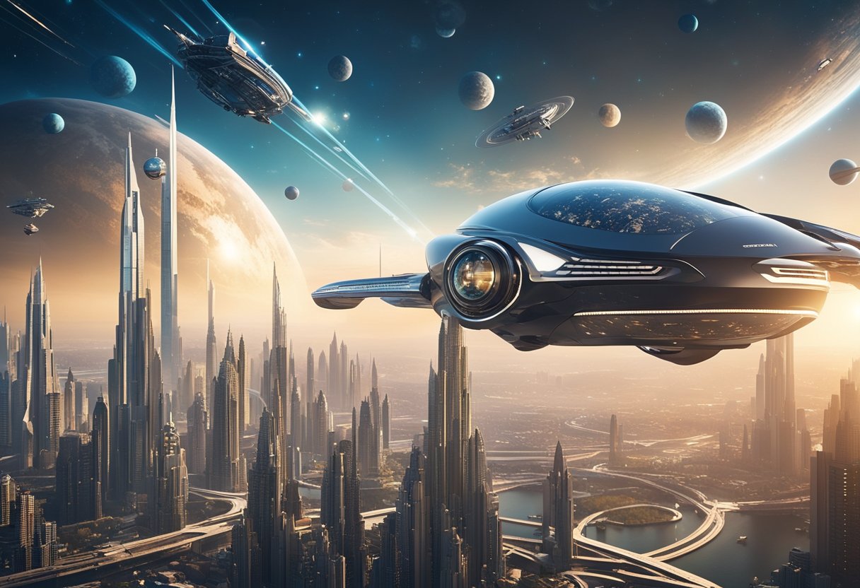 A futuristic cityscape with towering skyscrapers, flying cars, and advanced technology, set against a backdrop of a distant planet and a galaxy filled with stars