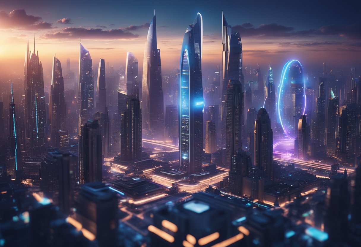 A futuristic cityscape with towering skyscrapers and flying vehicles, illuminated by neon lights and surrounded by advanced technology