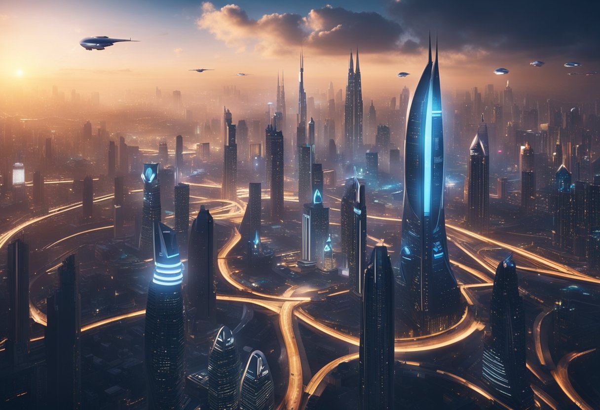 A futuristic cityscape with towering skyscrapers and neon lights, surrounded by advanced technology and flying vehicles. The scene exudes a sense of awe and wonder, hinting at the limitless possibilities of science fiction