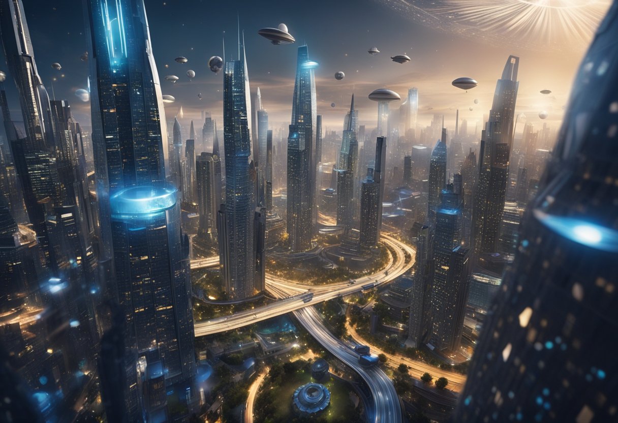 A futuristic cityscape with towering skyscrapers and flying vehicles, surrounded by swirling galaxies and cosmic phenomena