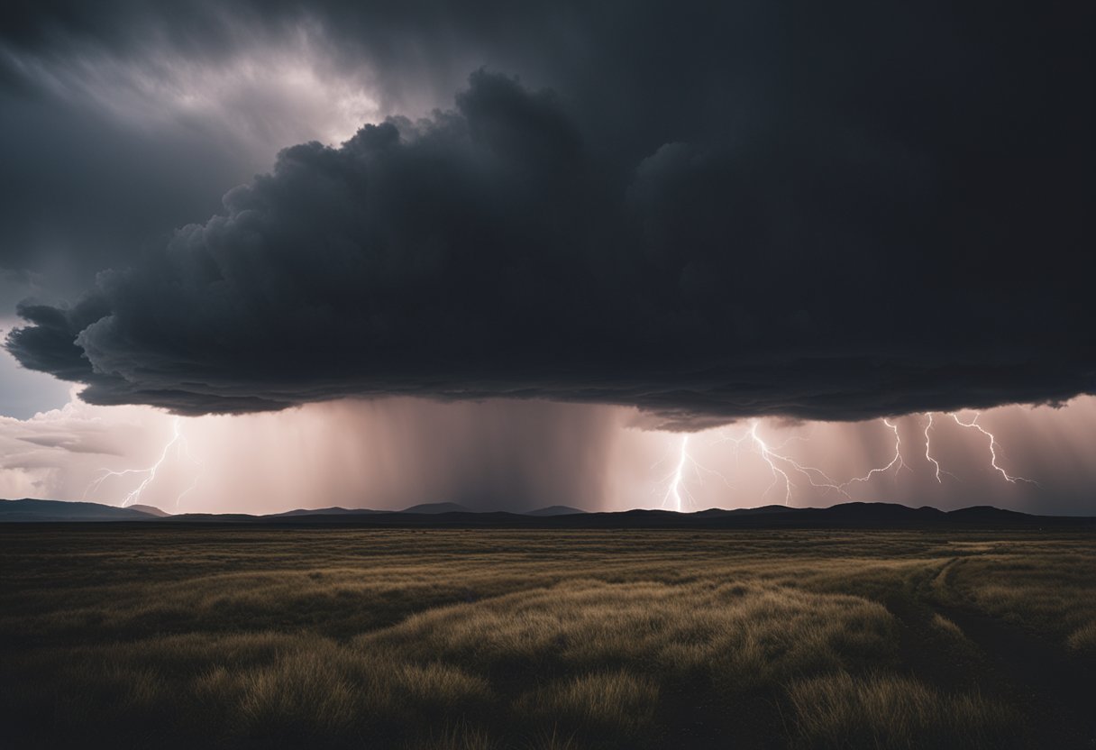 A dramatic storm brews over a desolate landscape, with dark clouds and lightning striking the earth. The scene depicts the impact of climate change on the environment