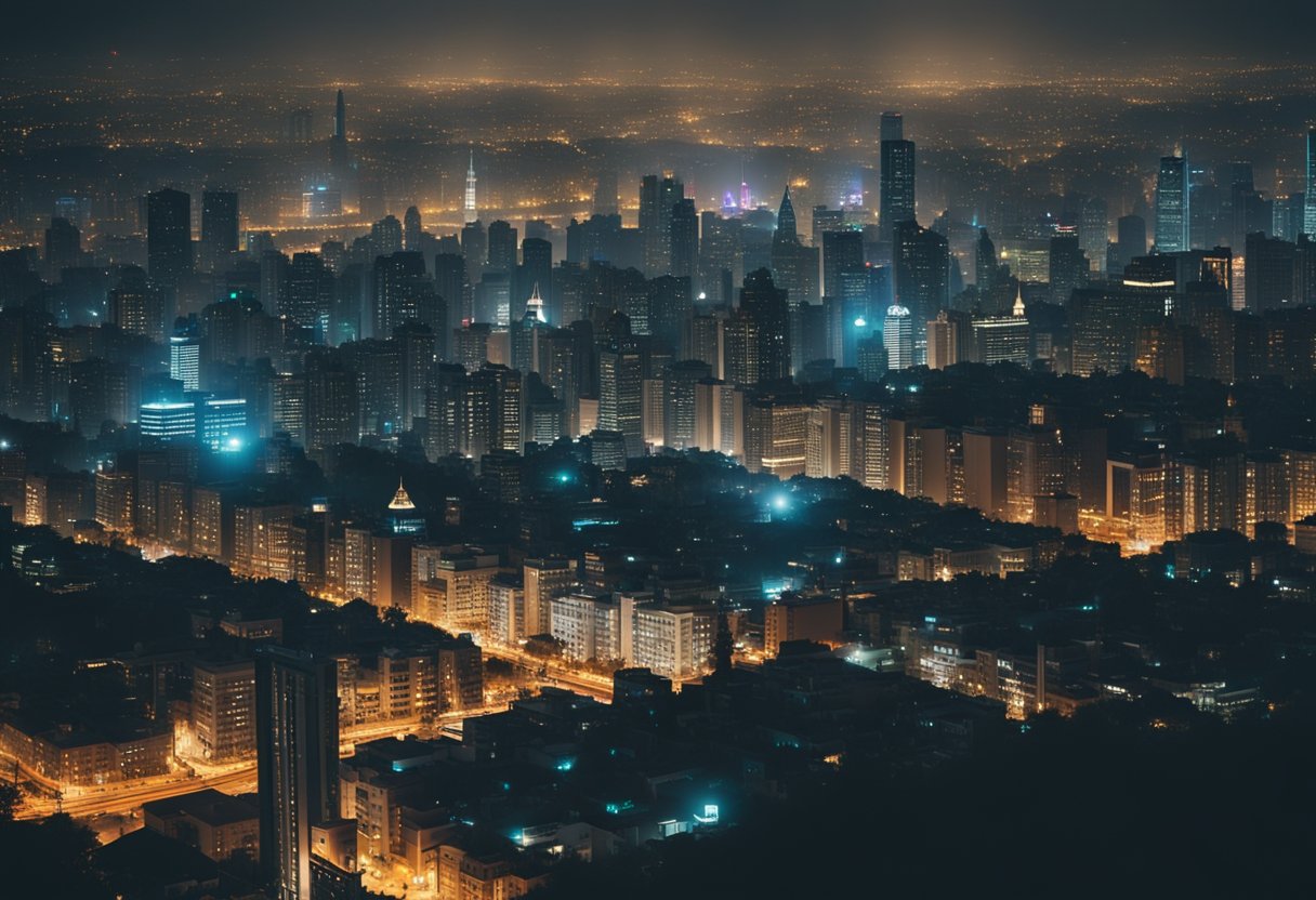 An ominous city skyline at night, illuminated by the glow of streetlights and neon signs, with a sense of mystery and danger lingering in the air