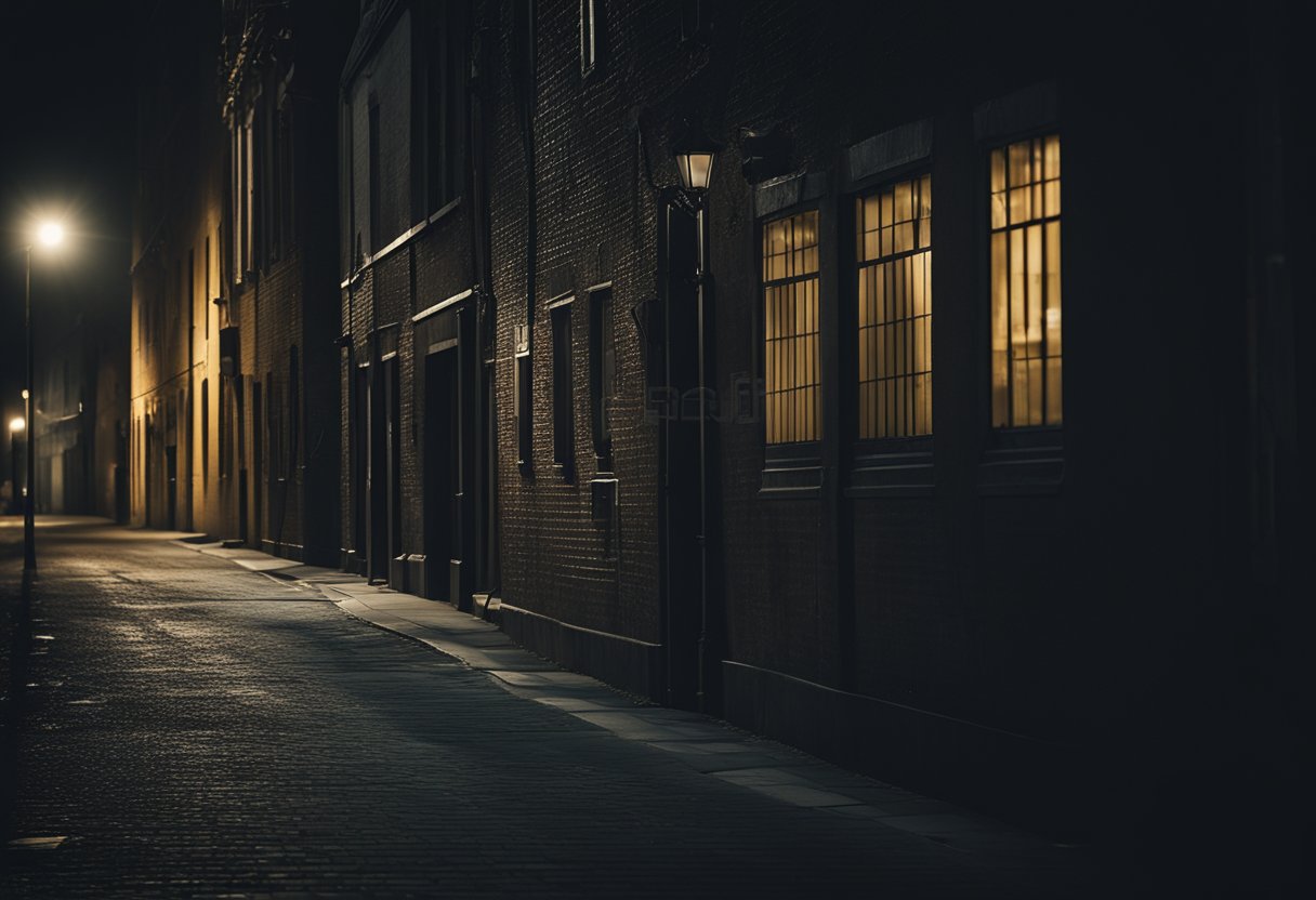 A dark alleyway at night, illuminated by a single streetlight. Shadows cast by looming buildings create an eerie atmosphere, perfect for a suspenseful crime drama illustration