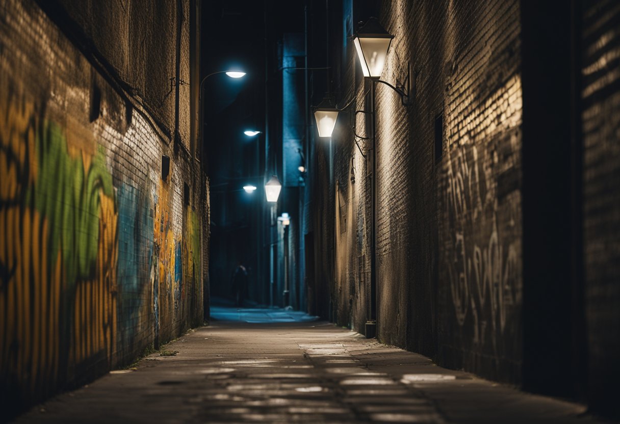 A dimly lit alleyway with graffiti-covered walls, a lone streetlight casting eerie shadows. A group of shady characters huddled in the corner, exchanging suspicious glances