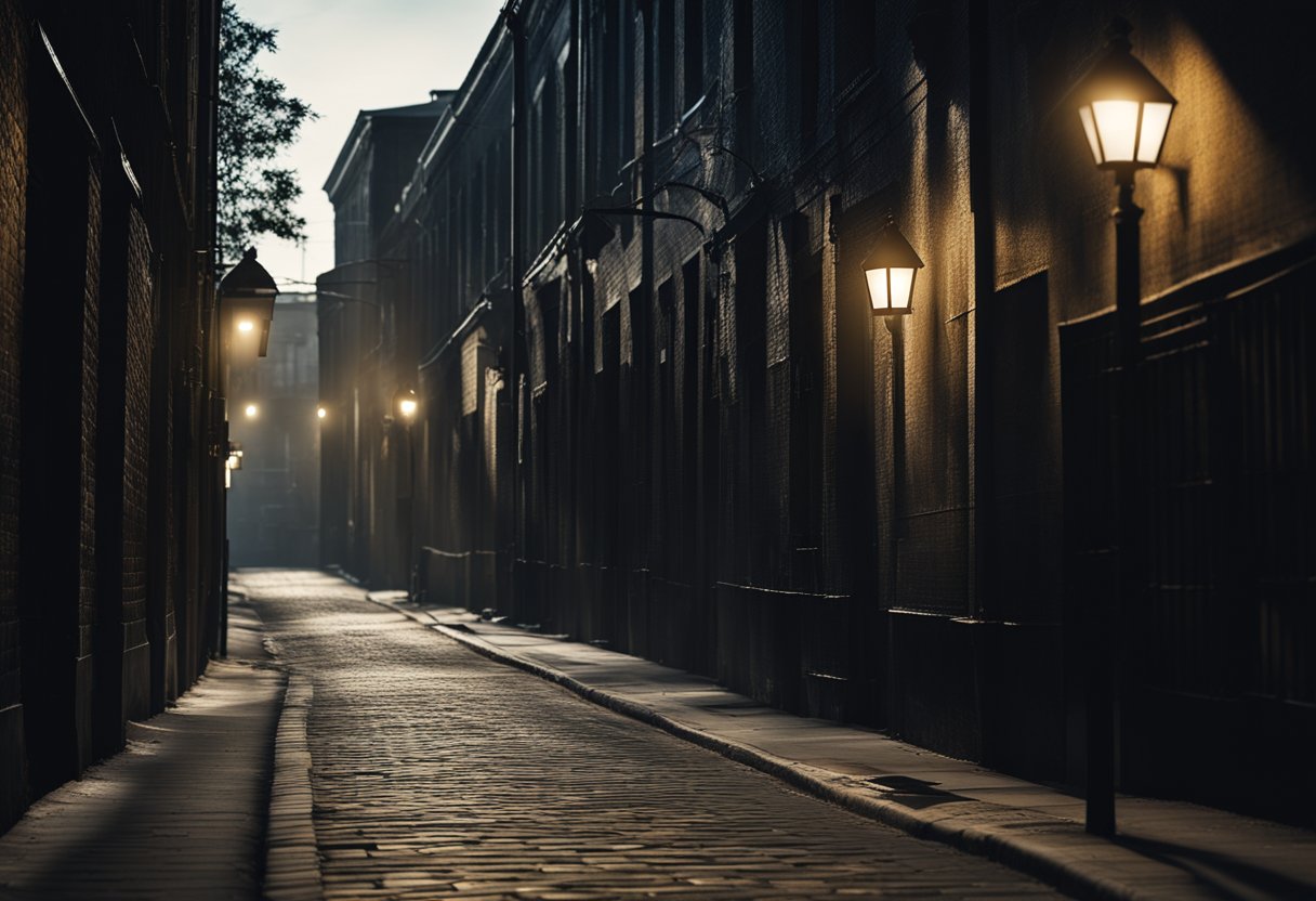 A dark alleyway with a single streetlight casting long shadows, creating an atmosphere of mystery and suspense for a criminal drama series