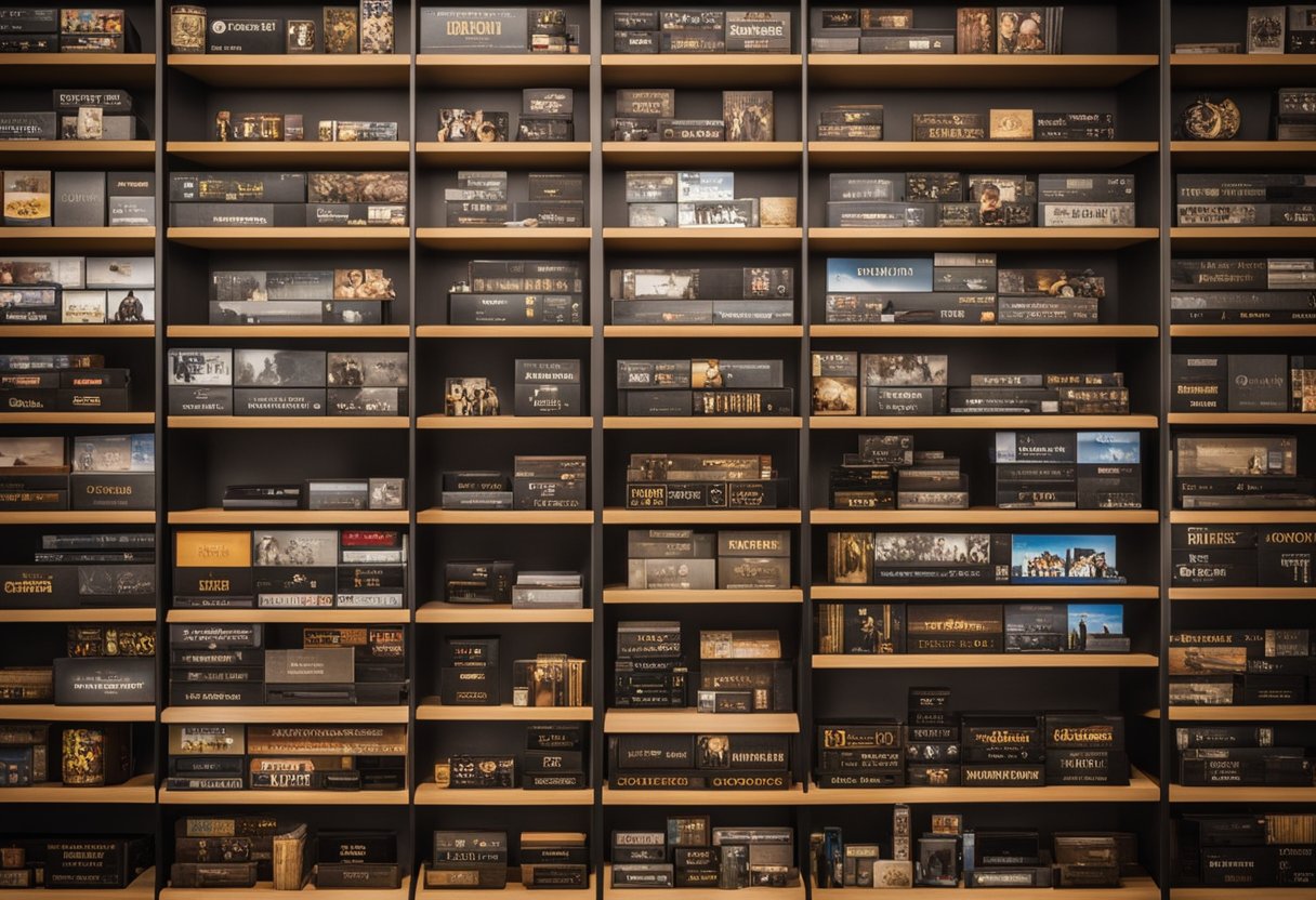 A shelf displaying Oscar-winning films from the past 5 years, with movie titles and golden statuettes arranged neatly