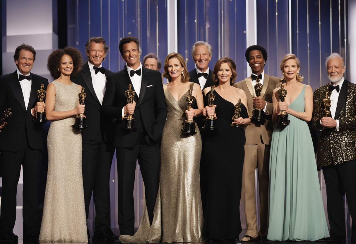 A group of Oscar-winning actors and actresses from the past 5 years, standing on a stage with their awards, smiling and holding their trophies