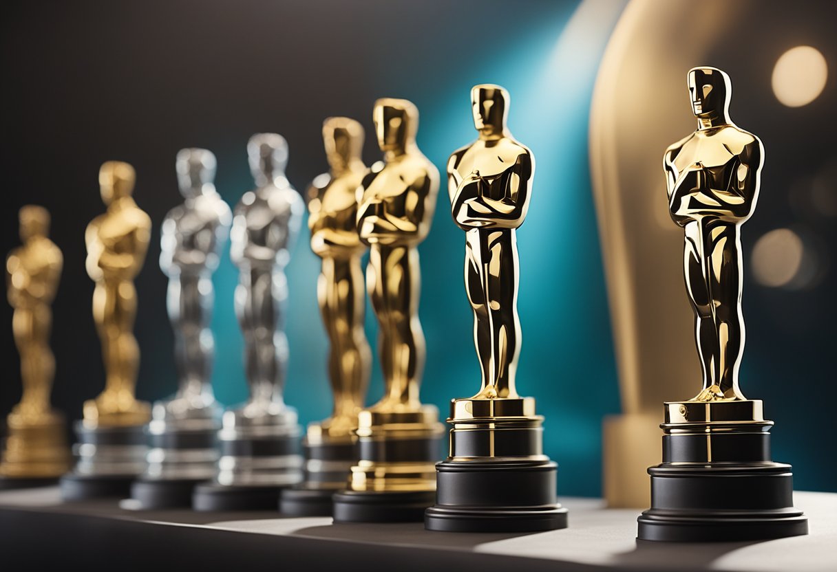 A podium with five Oscar statuettes lined up, each representing a winner from the past five years