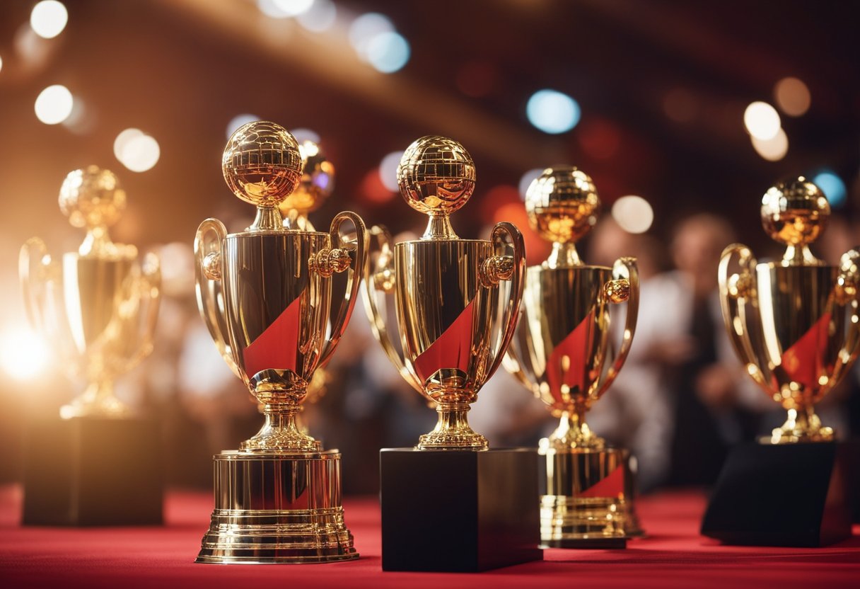 The iconic Cannes Film Festival trophy gleams in the spotlight, surrounded by a red carpet and a backdrop of flashing cameras and adoring fans