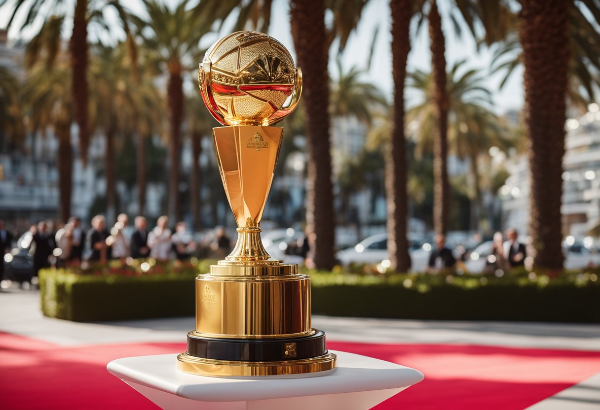 A golden trophy surrounded by palm trees and a red carpet at the Festival de Cannes