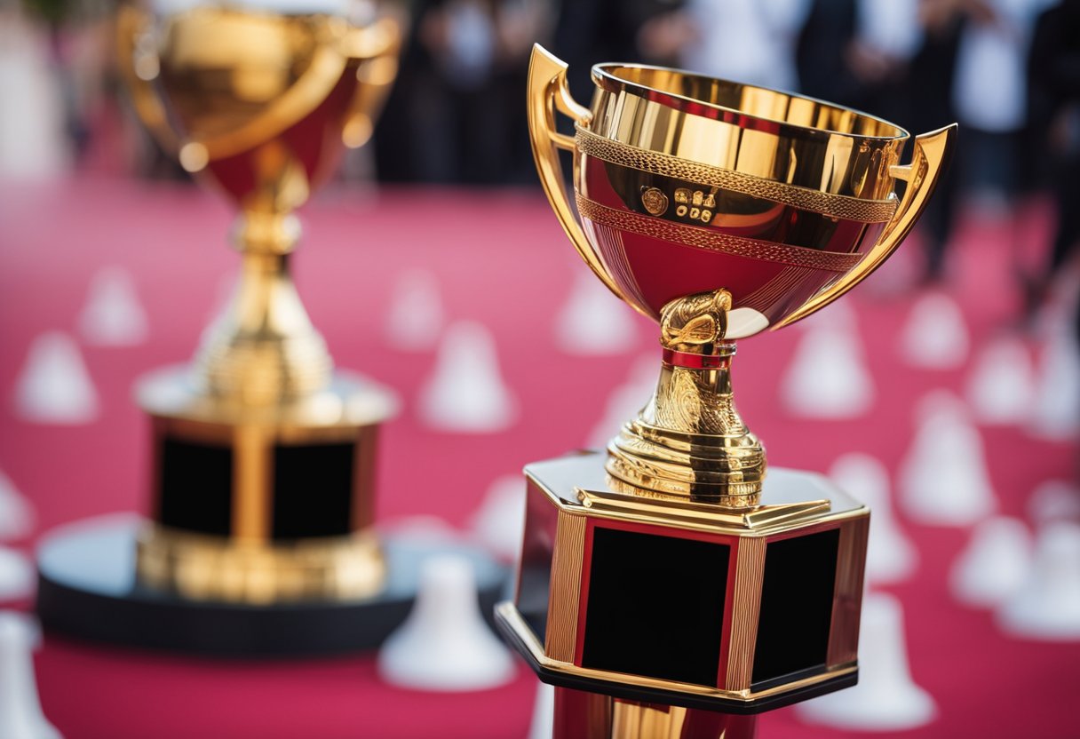 A golden trophy surrounded by a red carpet and flashing cameras at the Festival de Cannes