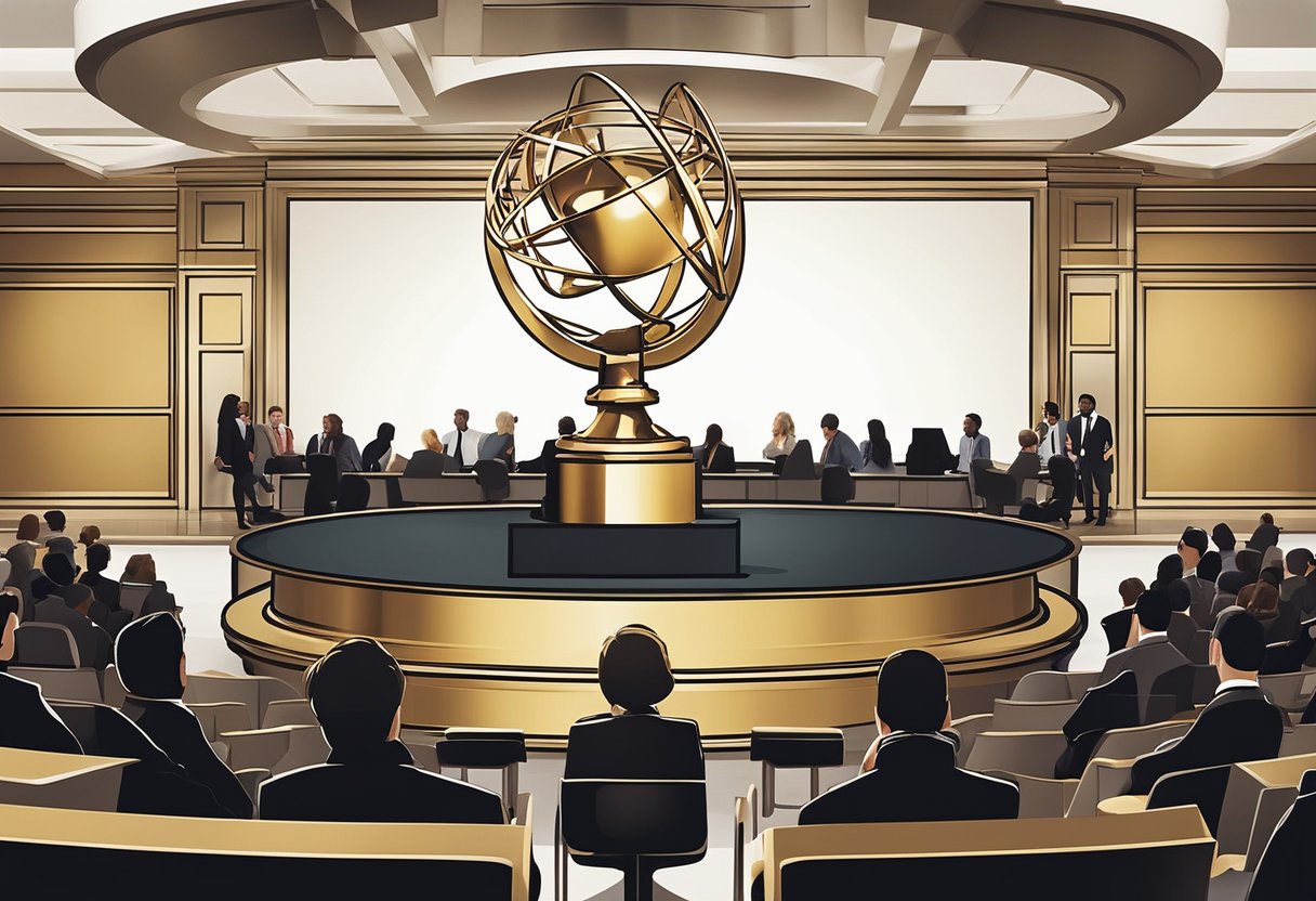 A podium with the Emmy award statue, surrounded by a panel of judges reviewing and discussing TV series submissions