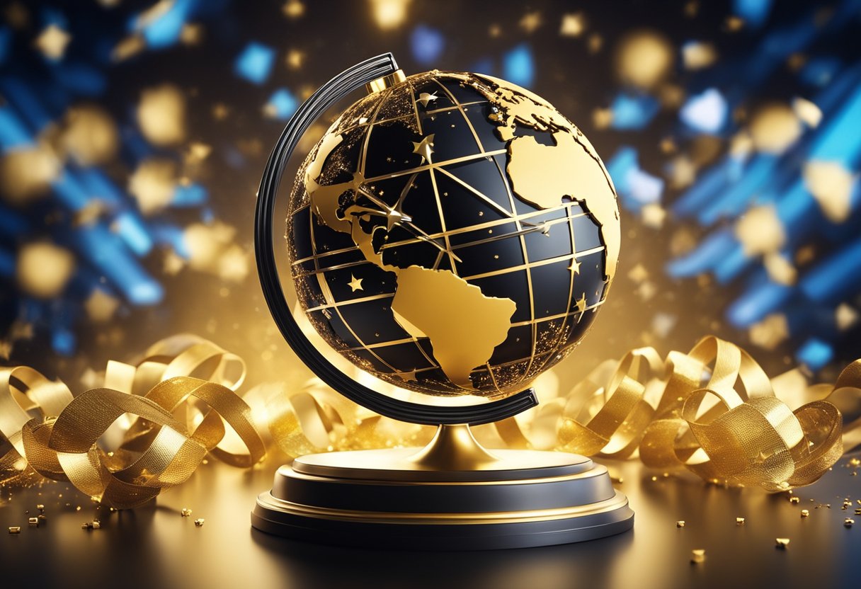 A glittering globe surrounded by swirling stars and film reels, with a golden trophy at its center