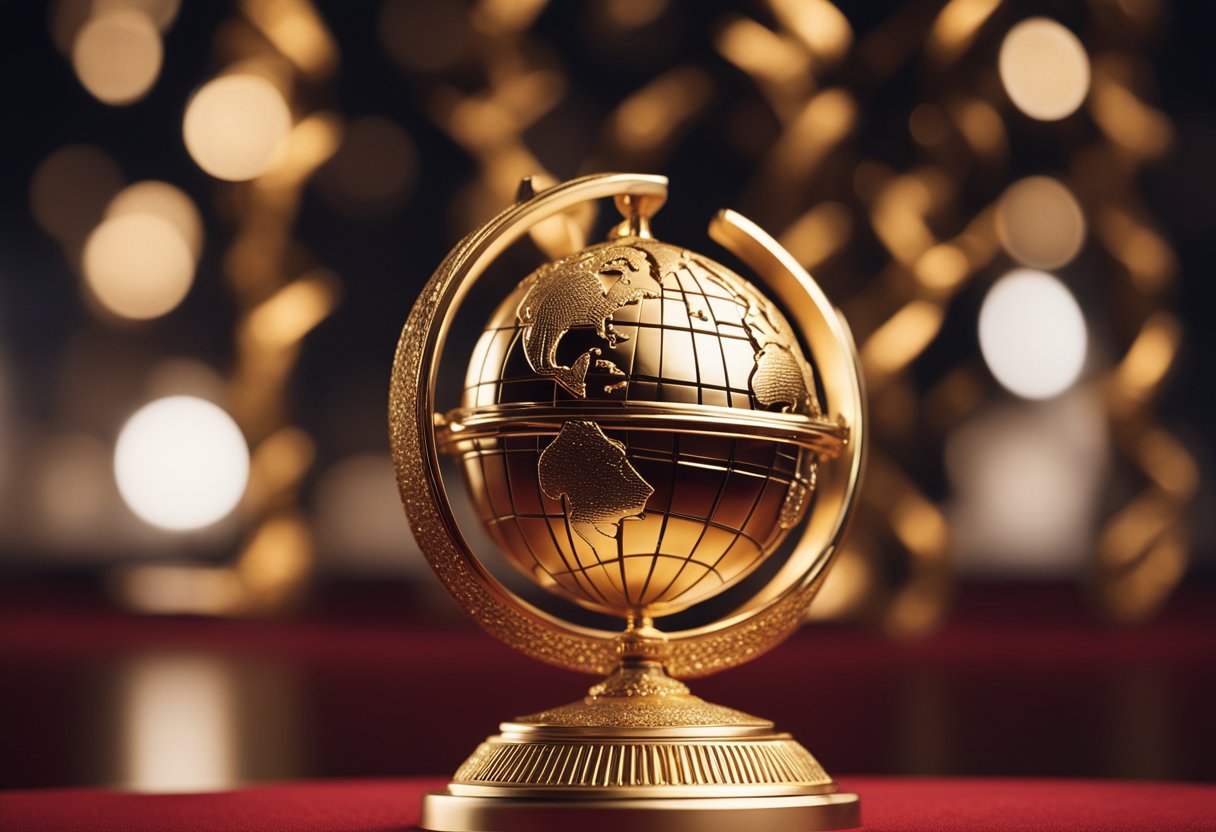 A golden globe statue surrounded by elegant symbols and designs, with a red carpet leading up to it