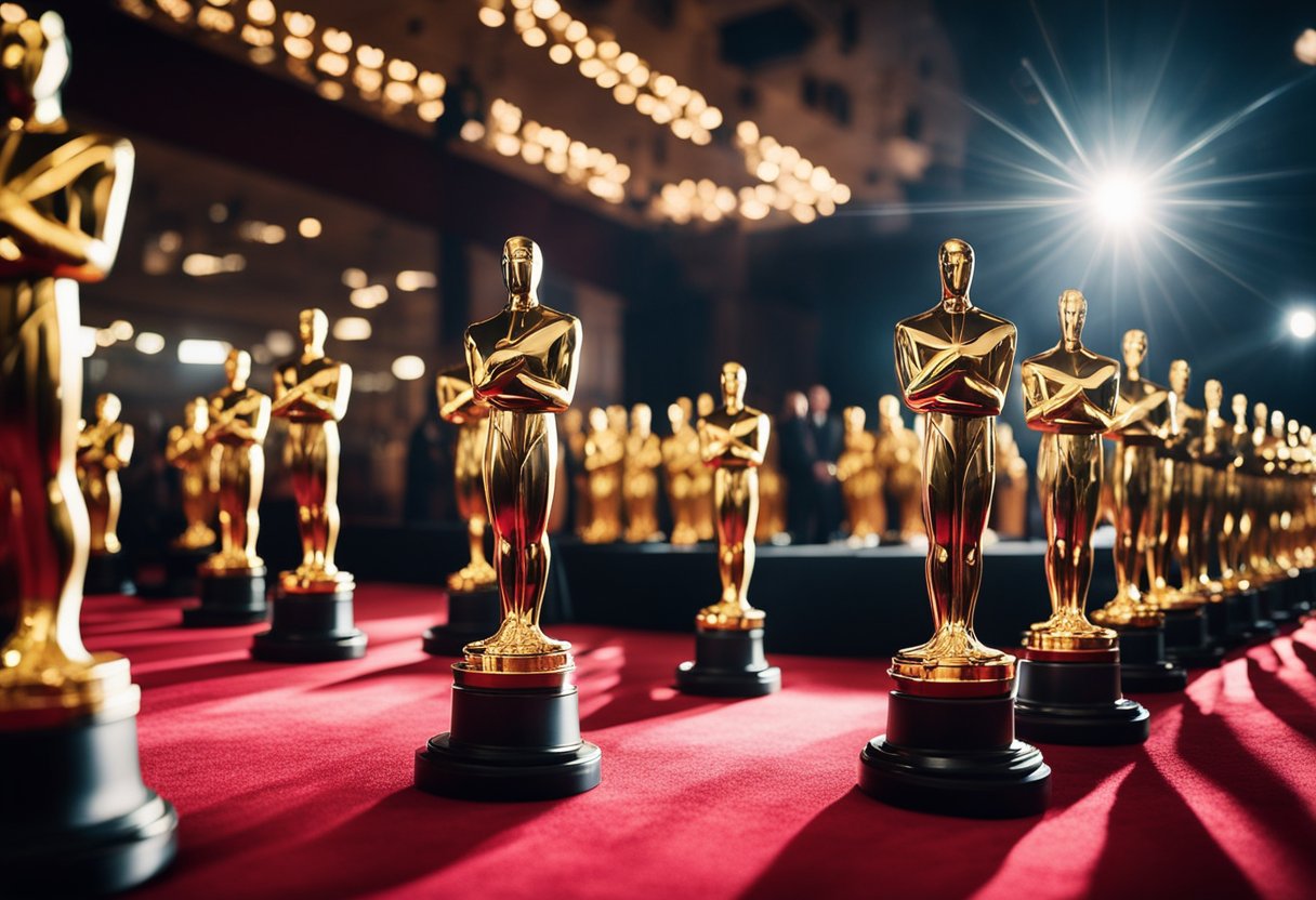 A glamorous awards ceremony with golden statues and a red carpet. Paparazzi flashbulbs illuminate the star-studded event