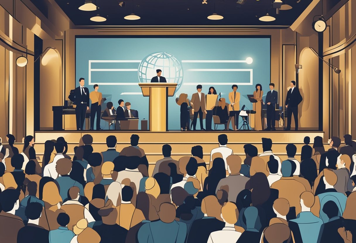 A podium with a microphone surrounded by a crowd of reporters and photographers at the Golden Globe Awards nomination announcement