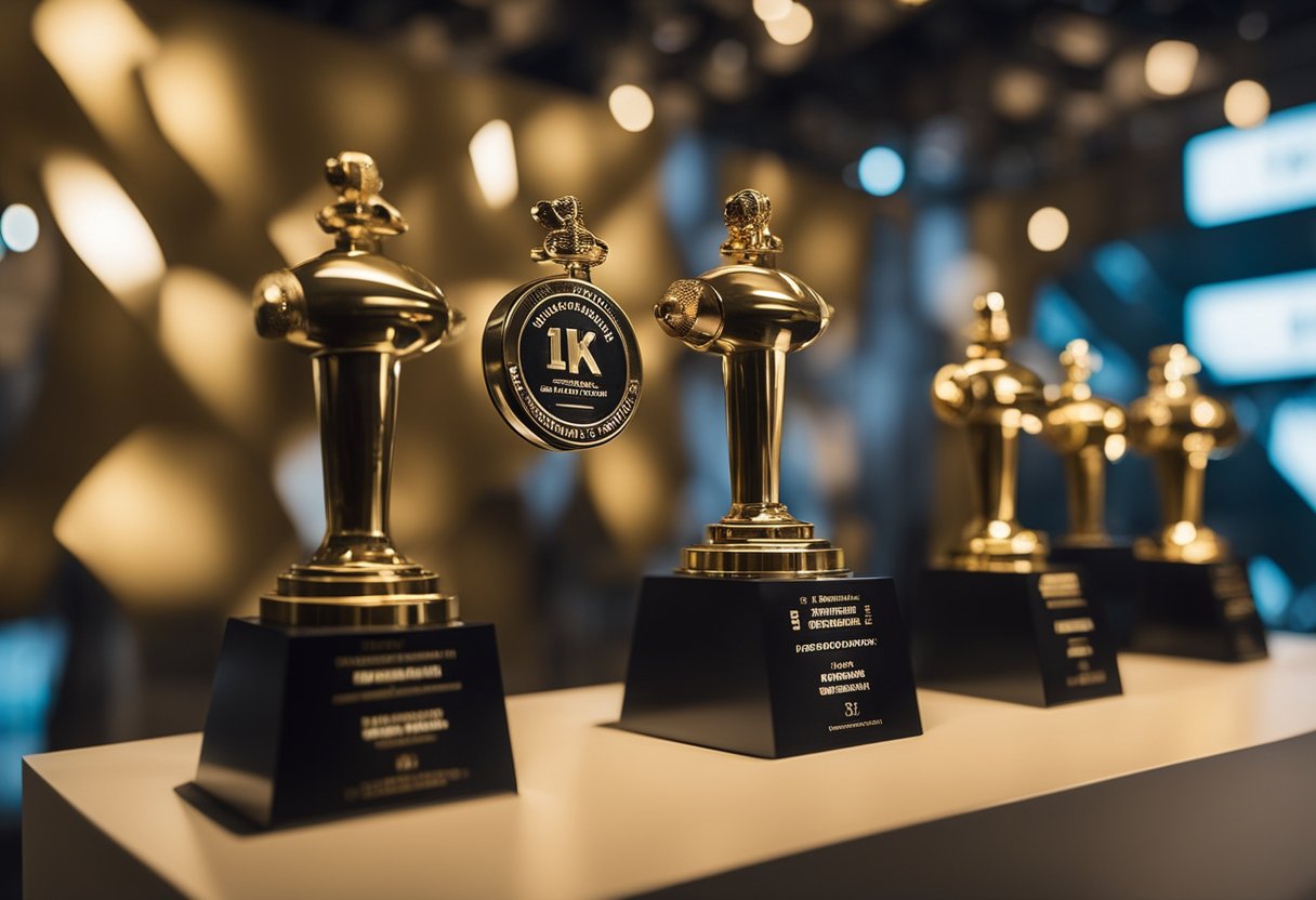 A collection of Brazilian documentary film awards displayed in a gallery setting, with spotlights illuminating the accolades