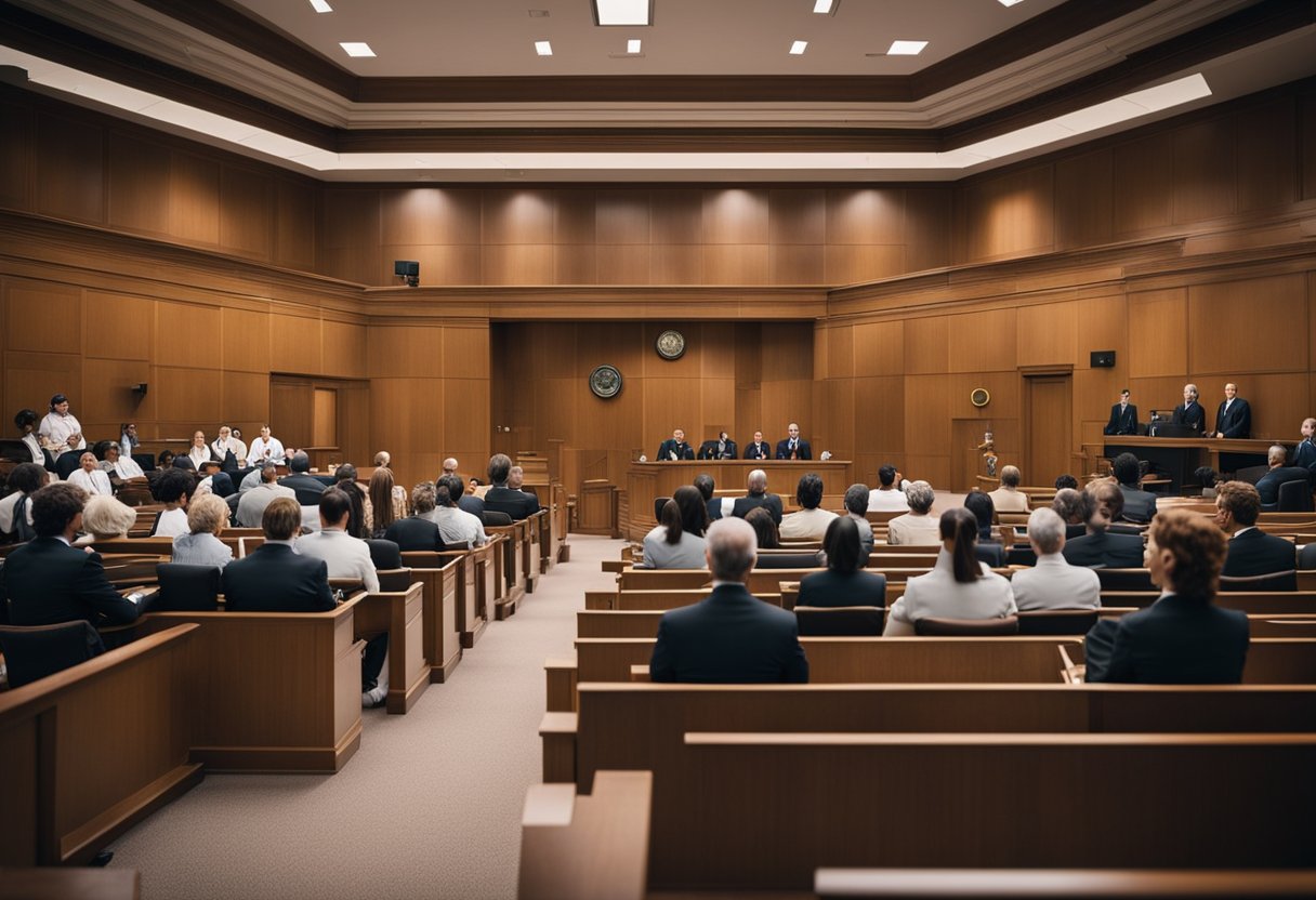 Healthcare professionals in a courtroom, facing legal consequences for their actions. Judge, jury, and lawyers present. Serious and tense atmosphere