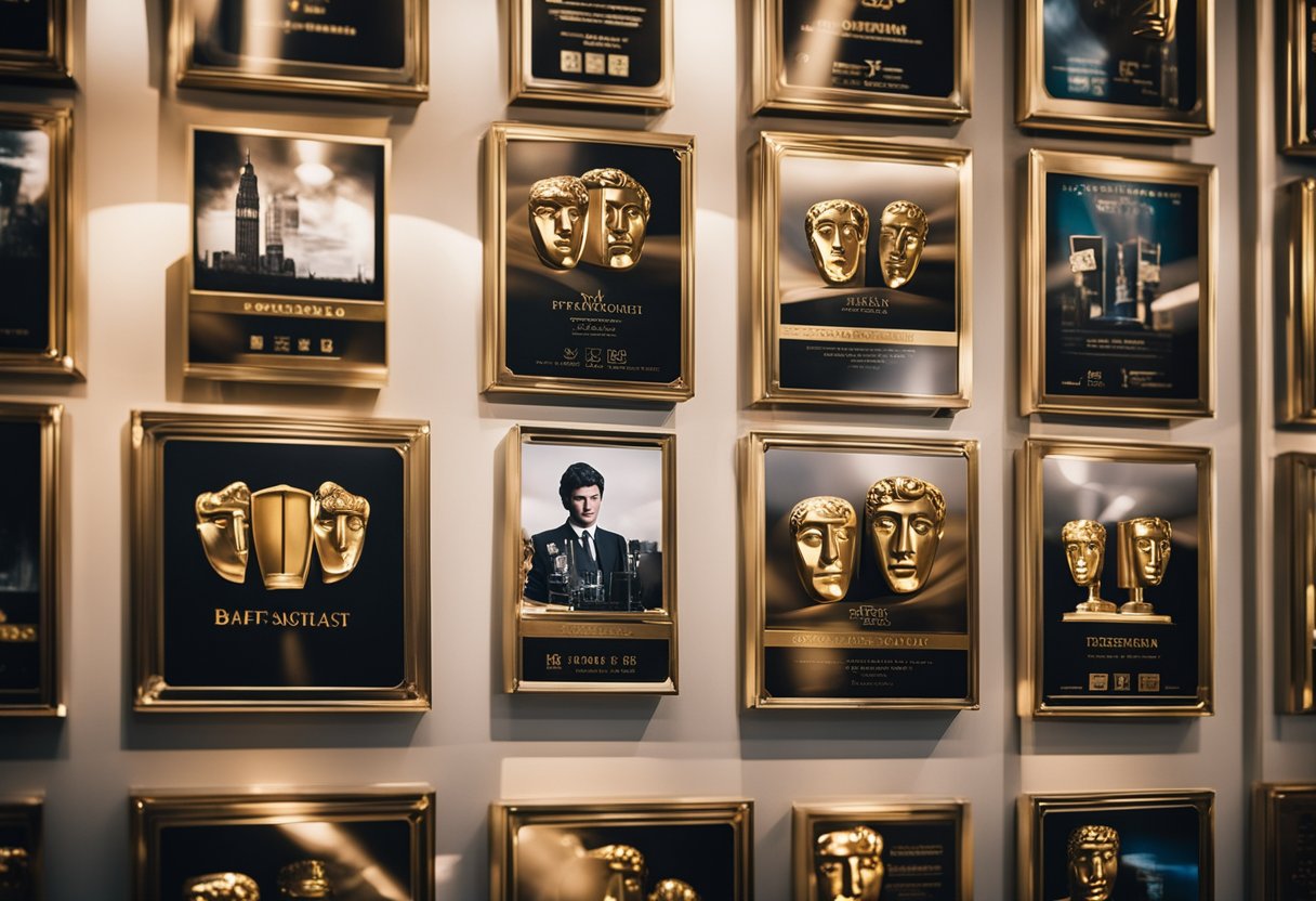 A display of BAFTA award-winning films through the years, with golden trophies and iconic movie posters adorning the walls