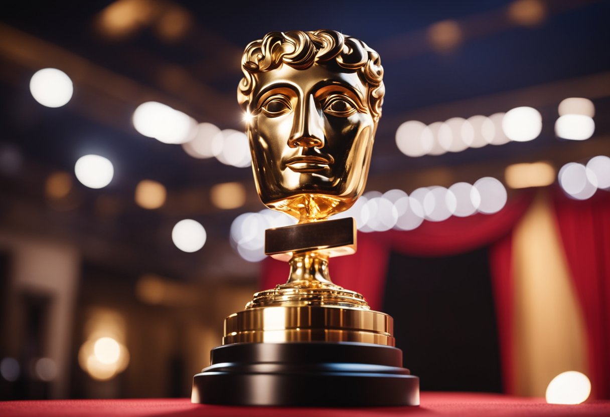 A spotlight shines on a golden BAFTA trophy surrounded by a red carpet and elegant decor