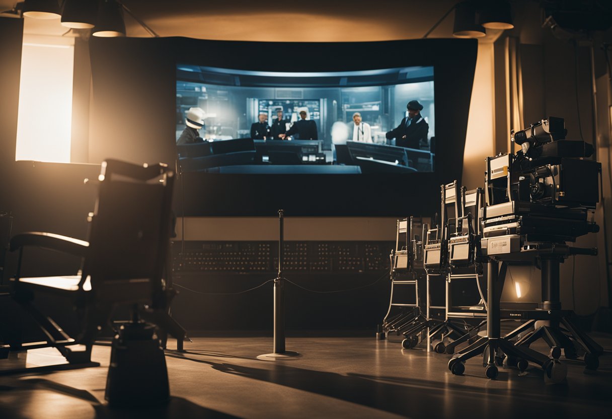 Spielberg's iconic films displayed on a large screen, with a director's chair in the foreground