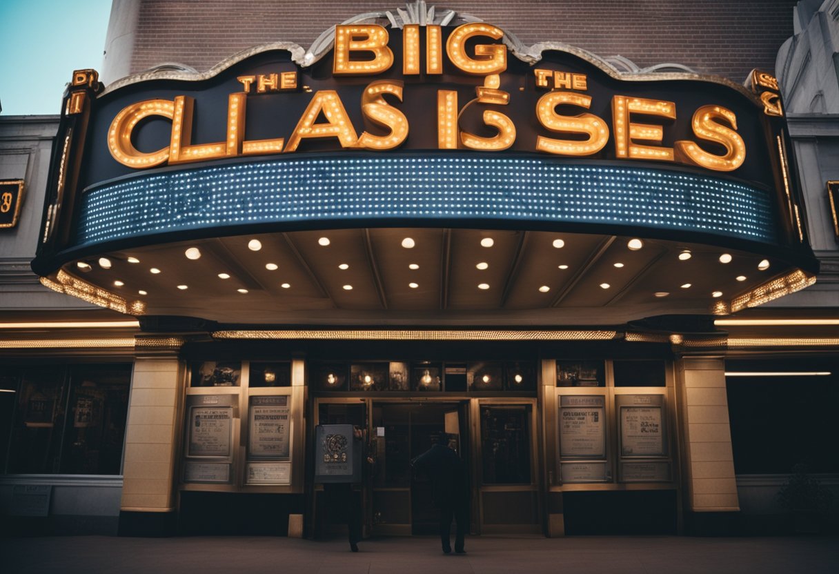 A movie theater marquee displays "Classics of the 80s and 90s: Big films directed by Steven Spielberg."