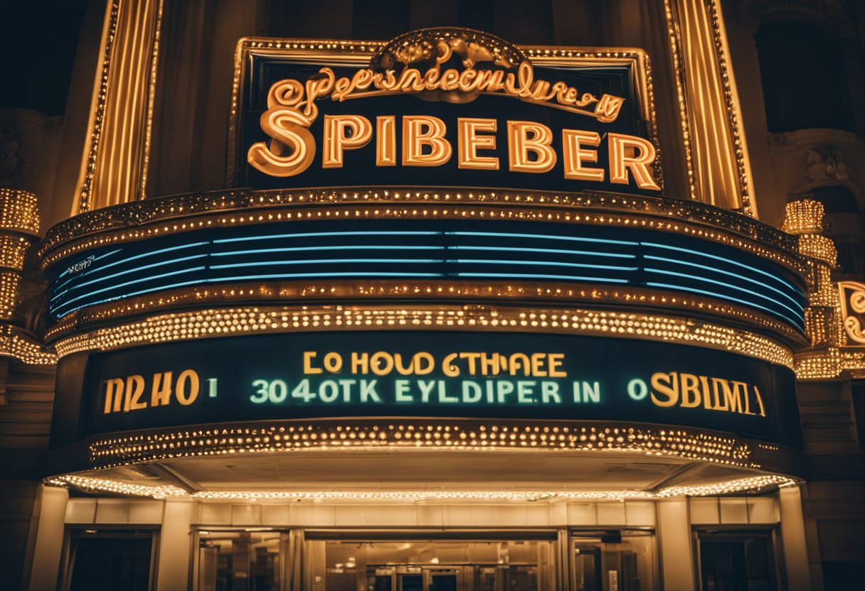 A movie theater marquee displays recent Spielberg films