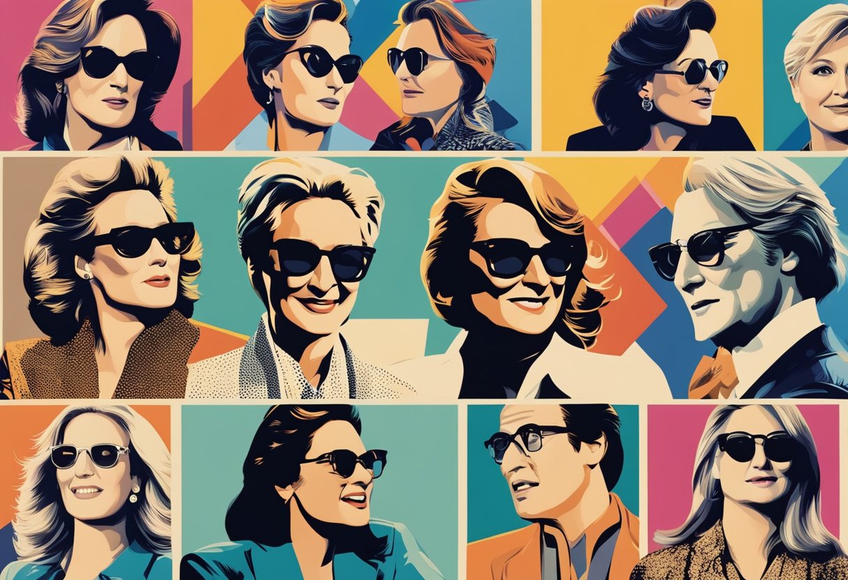 Meryl Streep's iconic movie roles on paper. Vibrant colors and textures. Symbolic elements of her characters