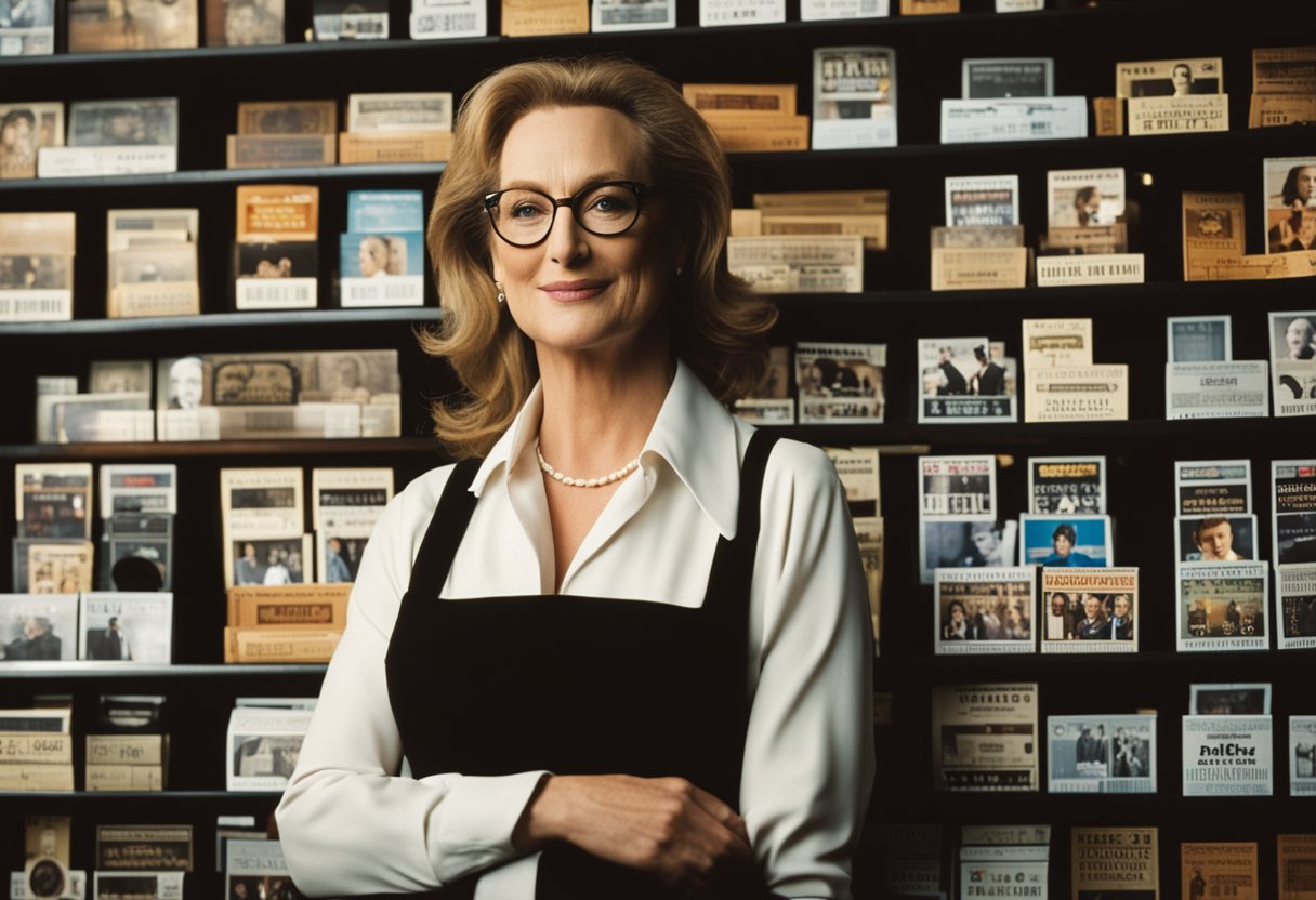 Meryl Streep's iconic movie roles and awards displayed on a shelf, surrounded by film reels and theater tickets