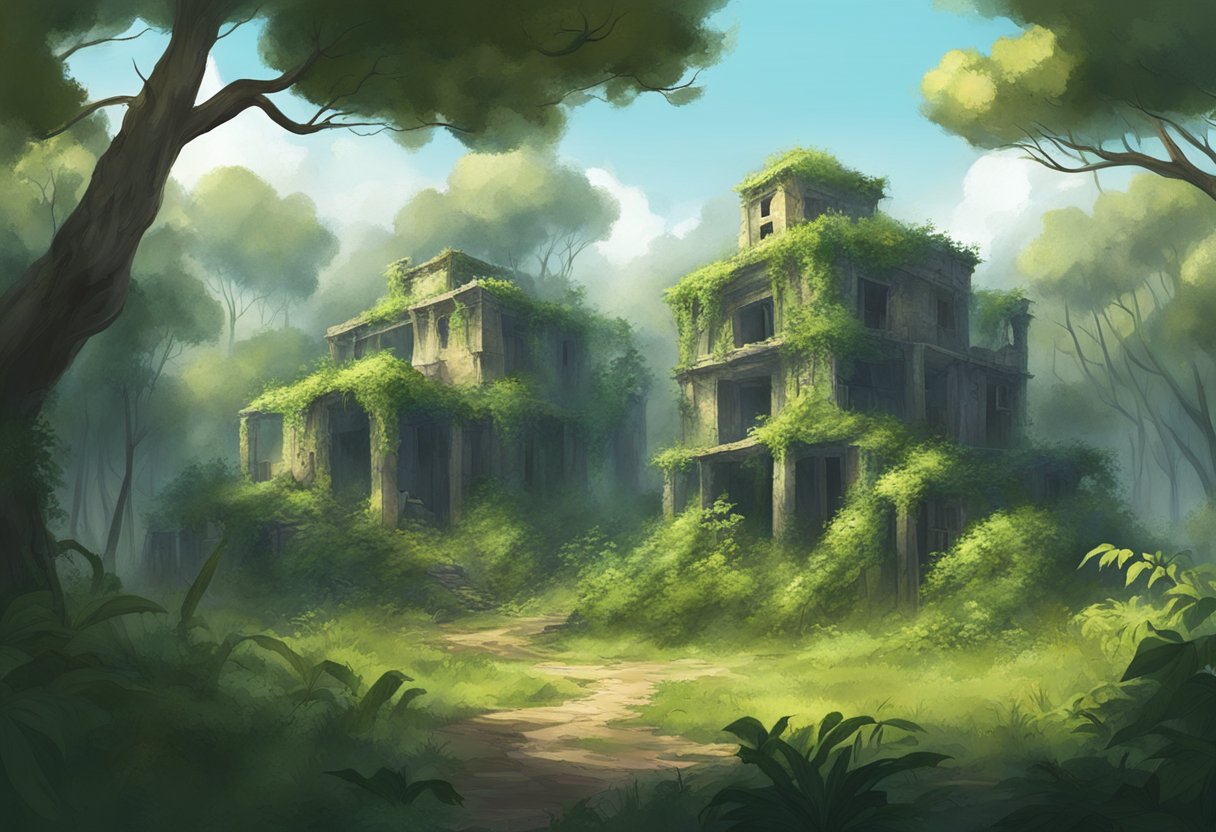 A deserted settlement with overgrown vegetation, dilapidated buildings, and a sense of abandonment, surrounded by dense forest and an air of mystery