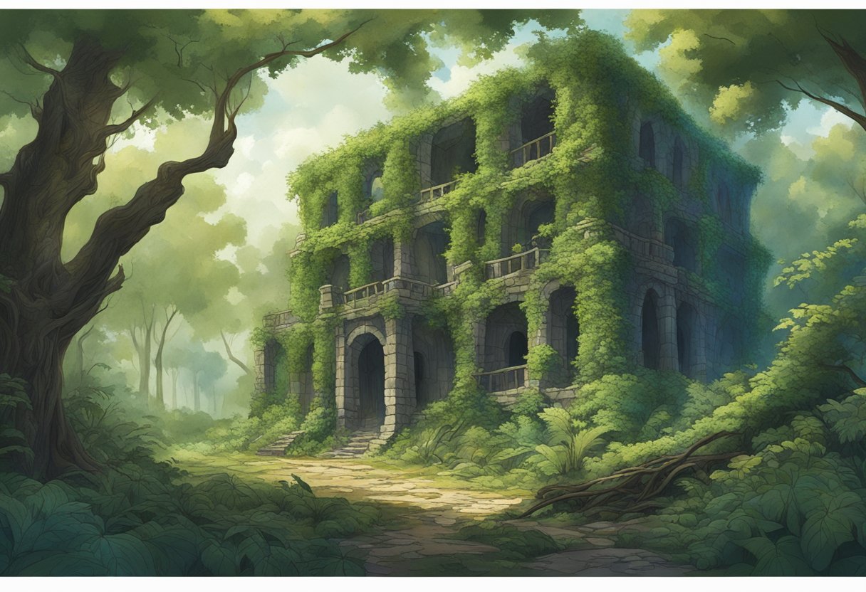 The overgrown ruins of the Roanoke Colony lay hidden in the dense forest, surrounded by an air of mystery and intrigue