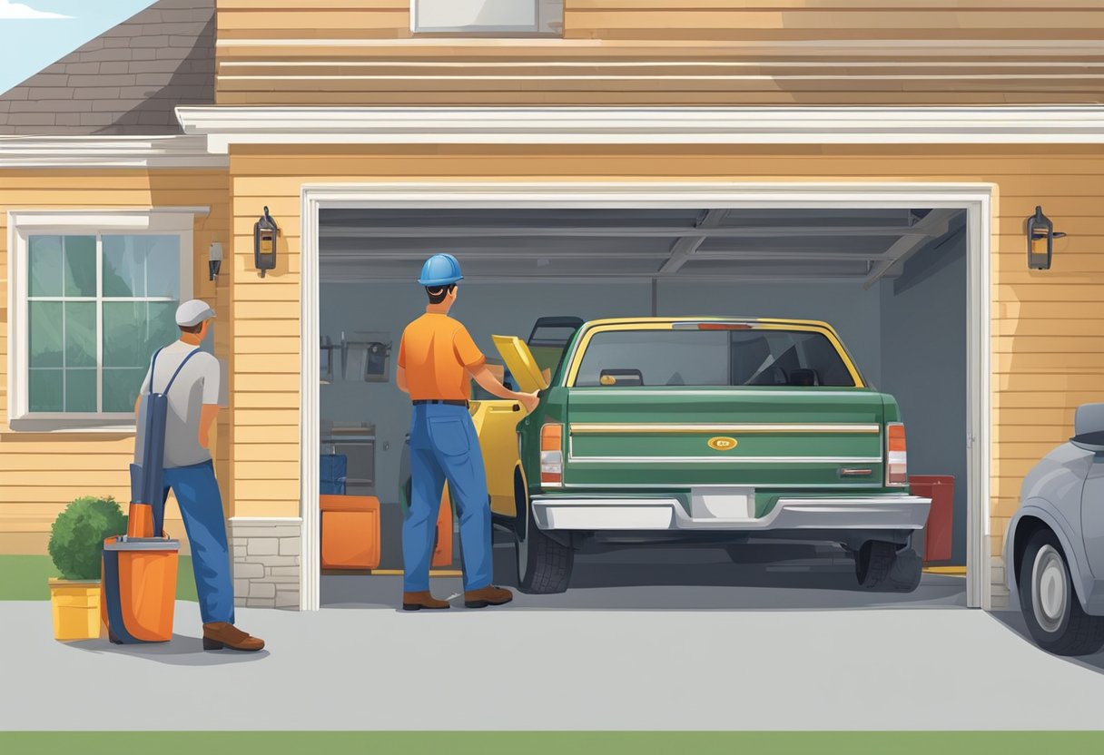 A technician installing a garage door with tools nearby, while a customer looks on with interest