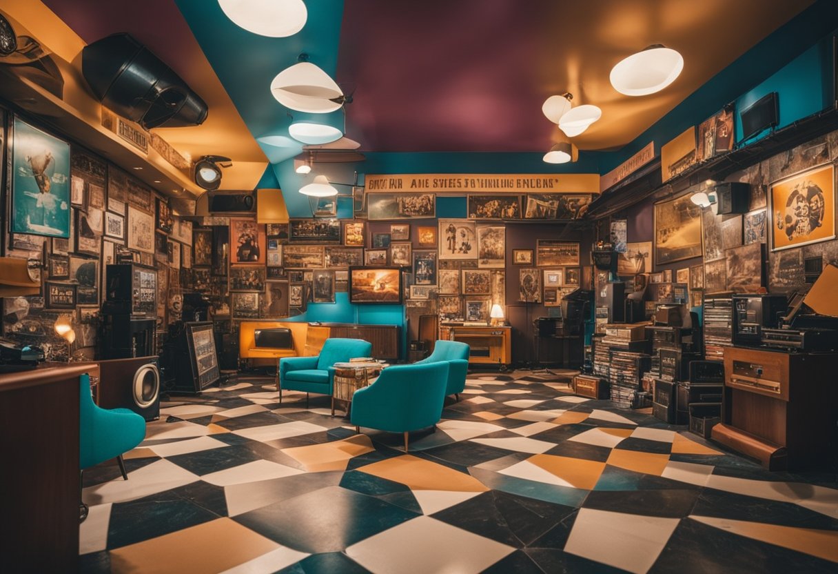 A chaotic, retro-inspired movie set with bold colors, vintage decor, and iconic movie posters adorning the walls