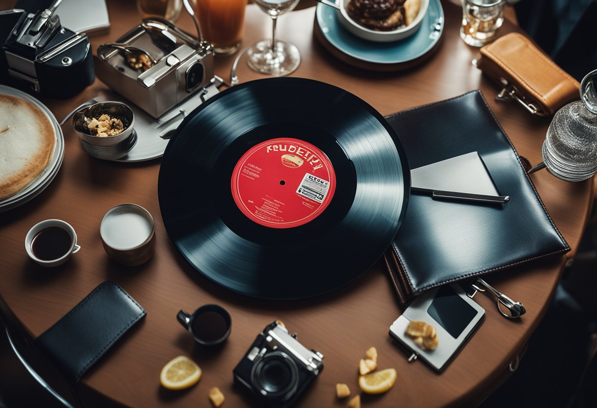 A chaotic diner scene with a bloody vinyl record and a mysterious briefcase