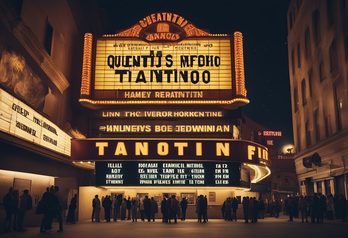 A movie theater marquee displays titles of Quentin Tarantino's iconic films, with a crowd of people eagerly lining up for tickets