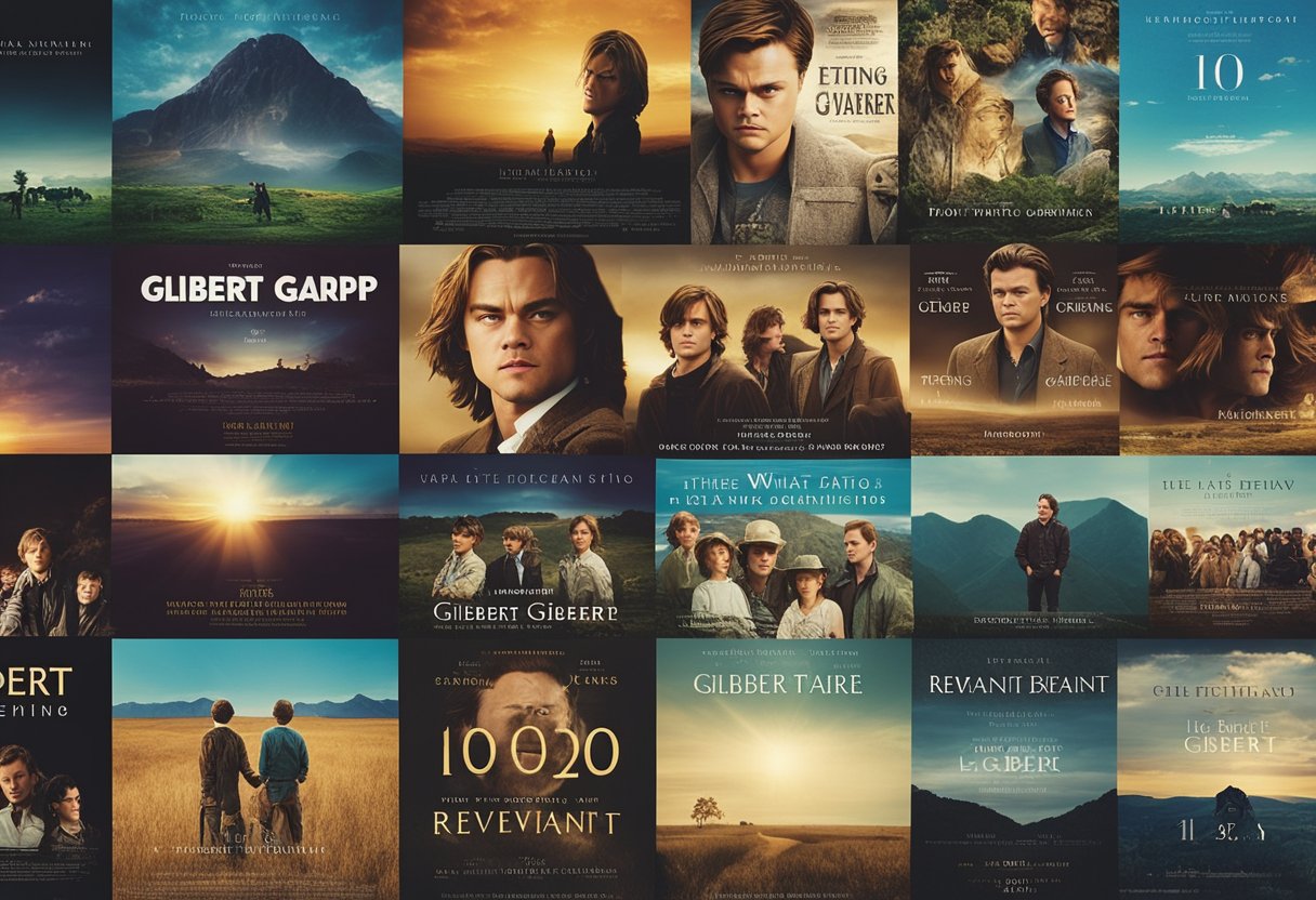 Leonardo DiCaprio's career depicted through 10 film posters in a timeline, from "What's Eating Gilbert Grape" to "The Revenant."